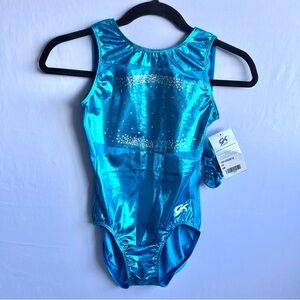 GK Shiny Blue Gymnastics and Dance Leotard with Silver Accents and Mesh NWT